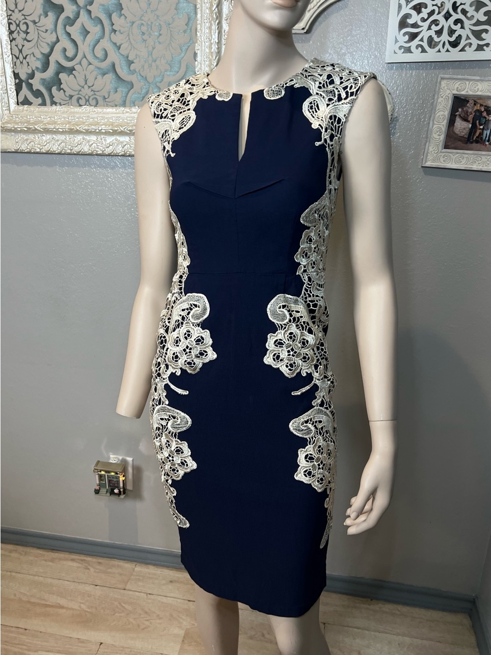 Paper Dolls Sleeveless Navy Dress with Ivory Lace Appliqué